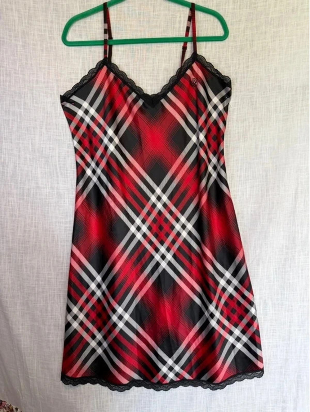 Lauren Ralph Lauren Red Black Plaid Lace Slip Dress XL Holiday Tartan Coquette